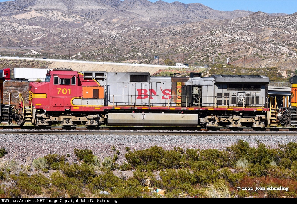 BNSF 701 (C44-9W) with missed matched replacement parts at Cajon CA. 9/17/2022.